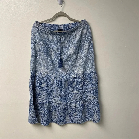 J. Jill Dresses & Skirts - J Jill Denim Paisley Tiered Blue Midi Skirt with Tassel Drawstrings Size M